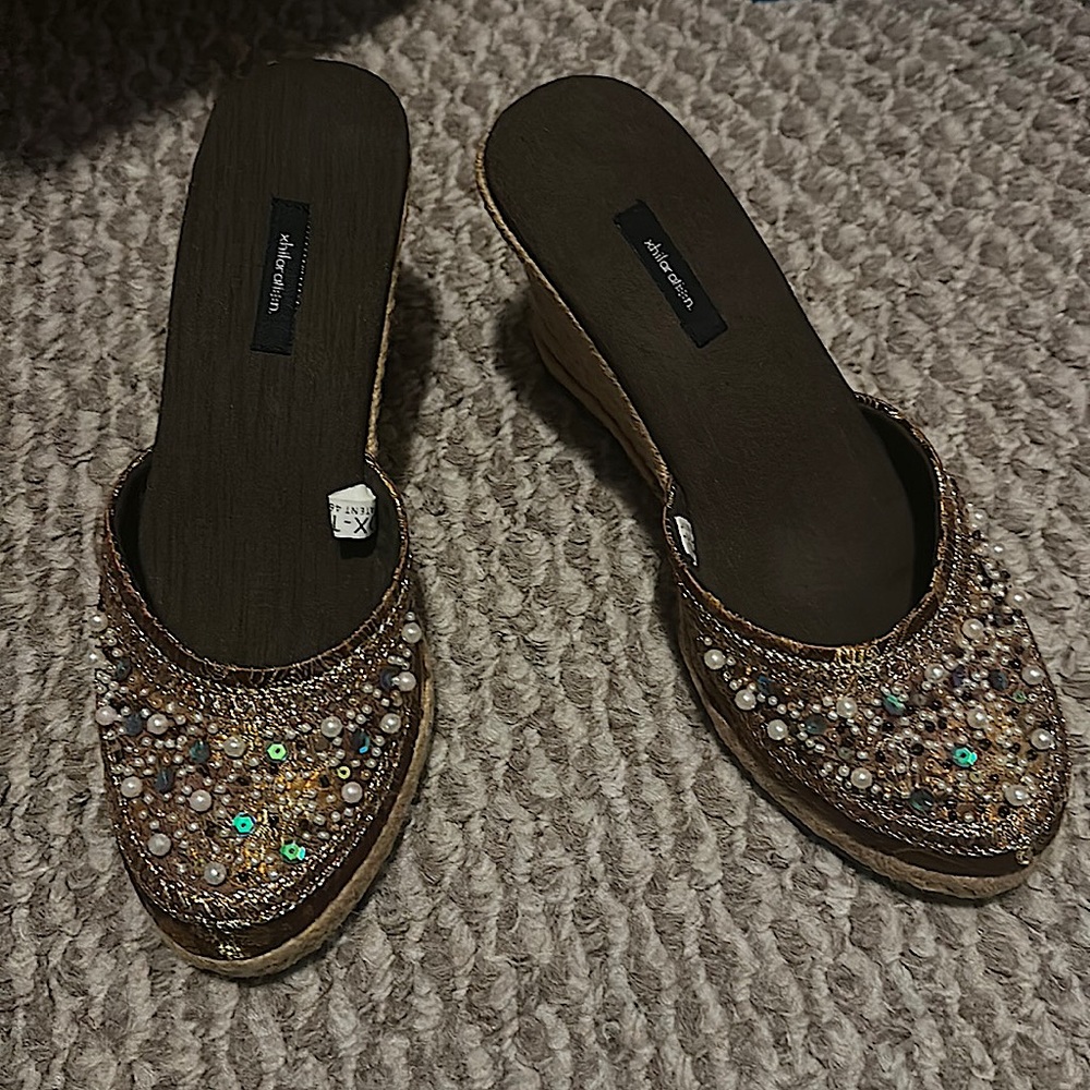 Xhilaration  brown mules with sequins and pearls